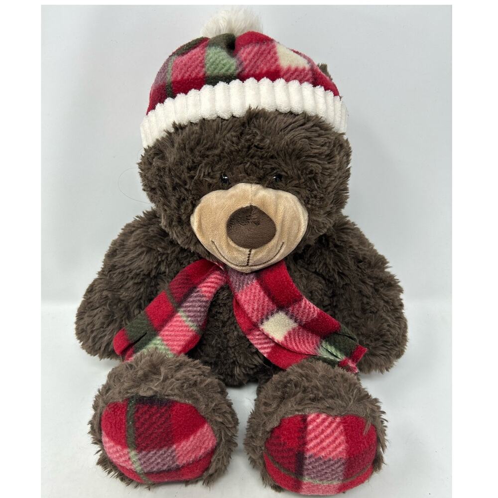 Gentle Treasures Brown Teddy Bear Red Plaid Hat & Scarf